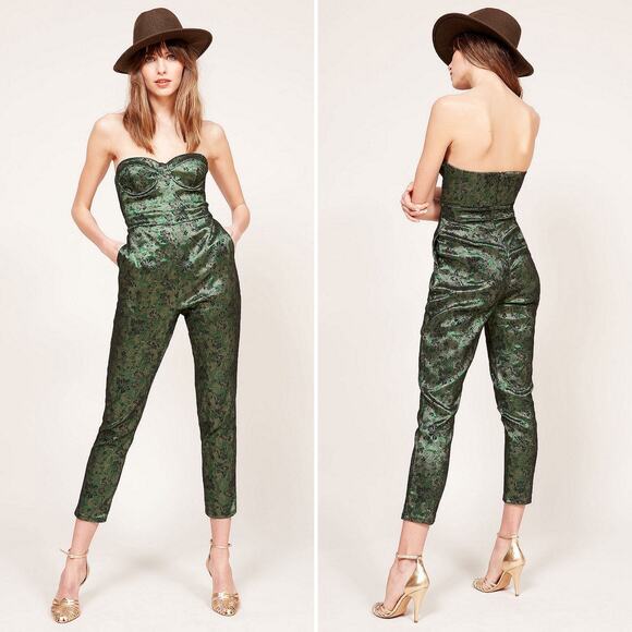 NWT Mes Demoiselles Vinina Jumpsuit Green Floral Jacquard Bustier French Large